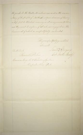 (CIVIL WAR--NAVY.) Gregory, Samuel B. Report on contraband tracked from a blockade runner and seized at a barn.